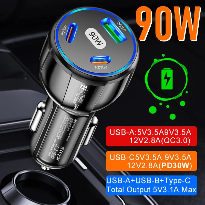 90W Car Charger 3 Ports QC3.0 PD USB Type C Fast Charging Cigarette Lighter Adapter for iPhone Mi Samsung Type-C Quick Charger