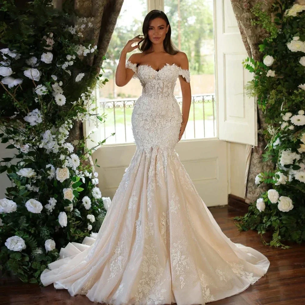 

Flavinke Customized Luxury Mermaid Bridal Gowns Boat Neck Short Sleeve Lace Wedding Dresses High Quality Princess Bride Dresses