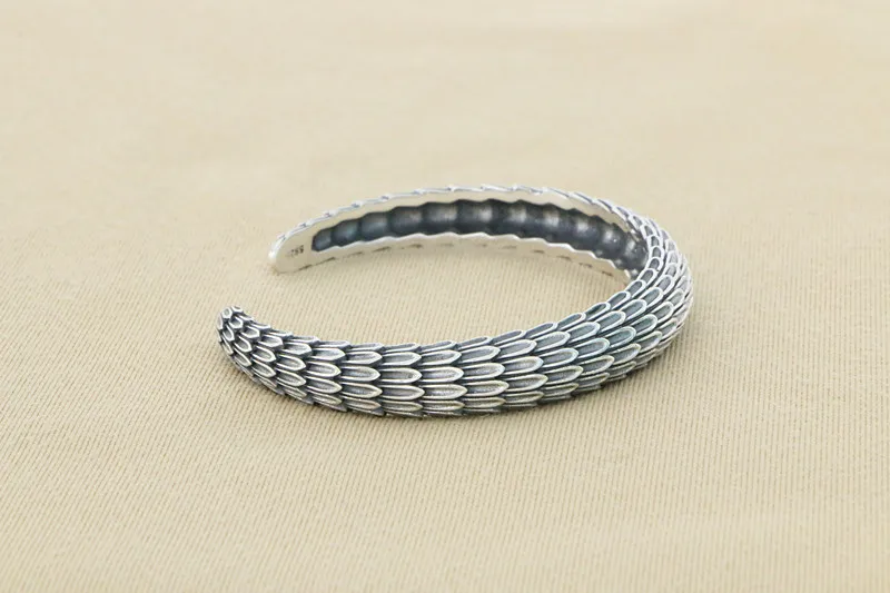 Retro Personalized 925 Sterling Silver Dragon Scale Bracelet for Men's Trendy Brand Chinese Style Jewelry, Unique Design, Open B