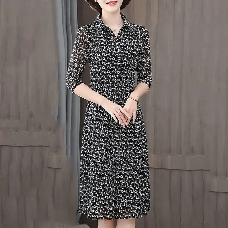 Middle Aged Women Vintage Floral Print Elegant Slim Three Quarter Sleeve Shirt Midi Dress Spring Casual Fashion Dresses Clothes