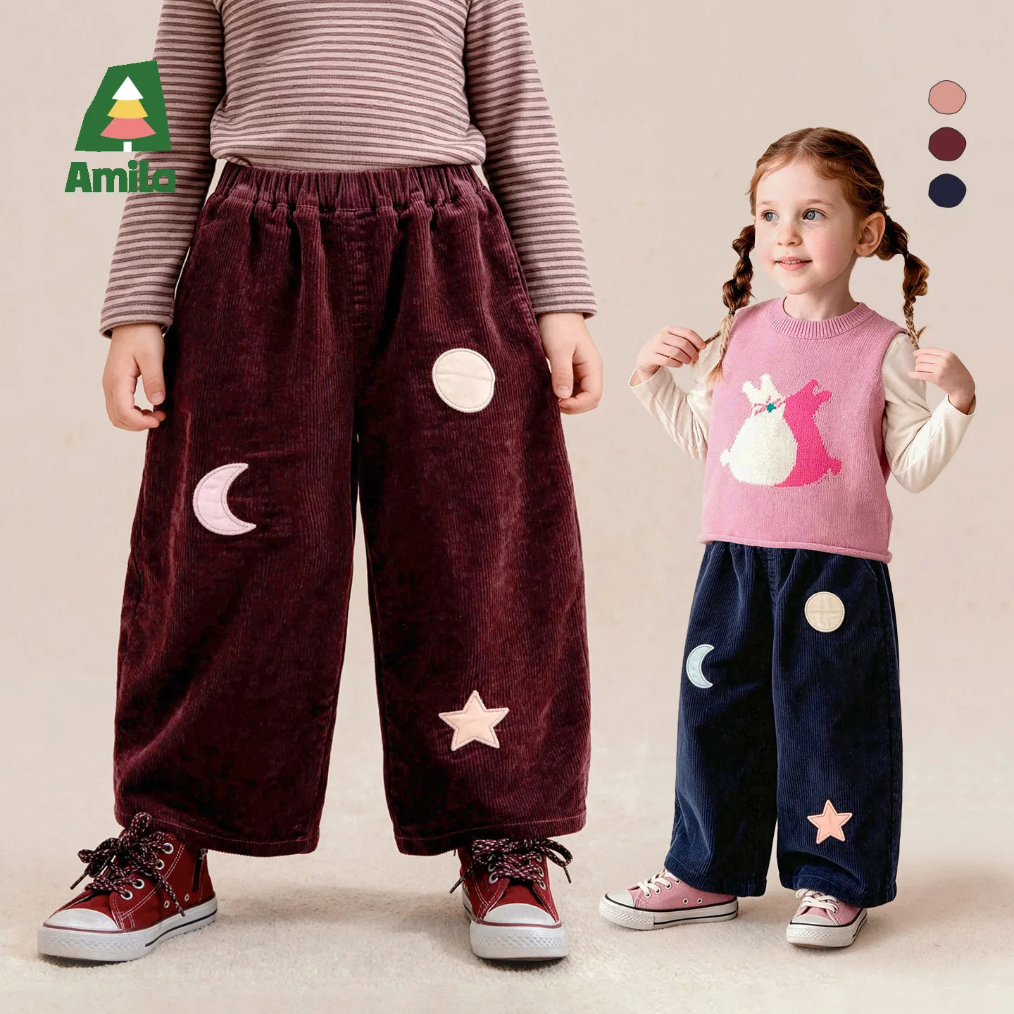 Amila 2026 Autumn New Kids Corduroy Casual Long Pants Color Block Star Moon Embroidery Sweet Romantic Versatile Pants