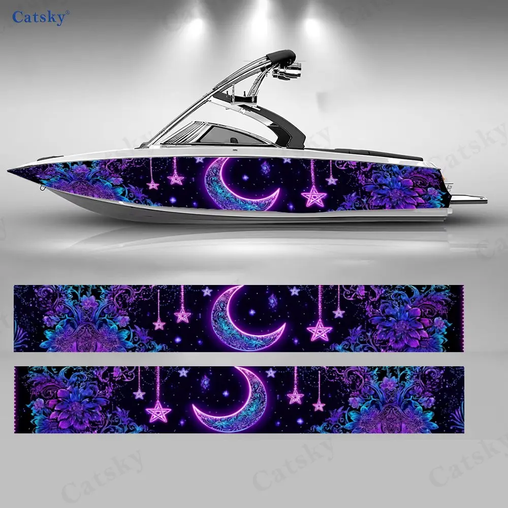 2PcLight Moon & Star Floral Boat Stickers, PVC Waterproof Durable Vinyl Wrap Decals for Fishing Boat, Durable and Stylish Design