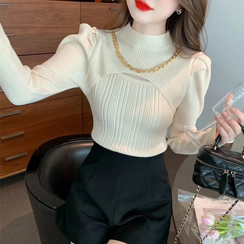 Fdfklak Spring Autumn Women Sweaters Sleeves Half-high Collar Bottoming Shirt Knitwear Yellow Orange Pullovers Korean Jumpers