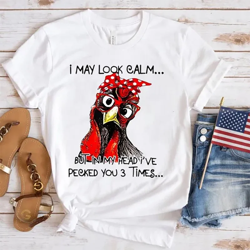 

Cool Summer T-Shirt Chicken I May Look Calm But In My Head I'Ve Pecked You 3 Times Print Short Sleeve Women Fashion Casual Tops