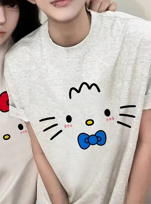 زوجين تي شيرت 2025 جديد مرحبا كيتي قصيرة الأكمام الصيف القطن الخالص موضة الاتجاه Harajuku عادية الأسرة الوالدين والطفل الزي #5