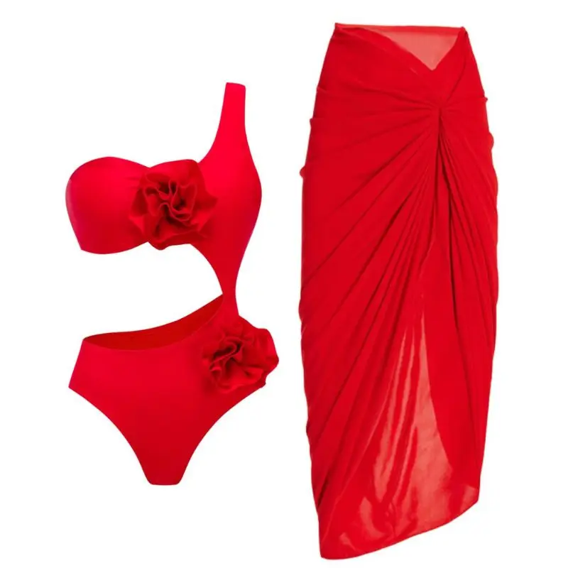 3D Flower Cutout Red One Piece Swimsuit and Sarong Clearance Wholesale