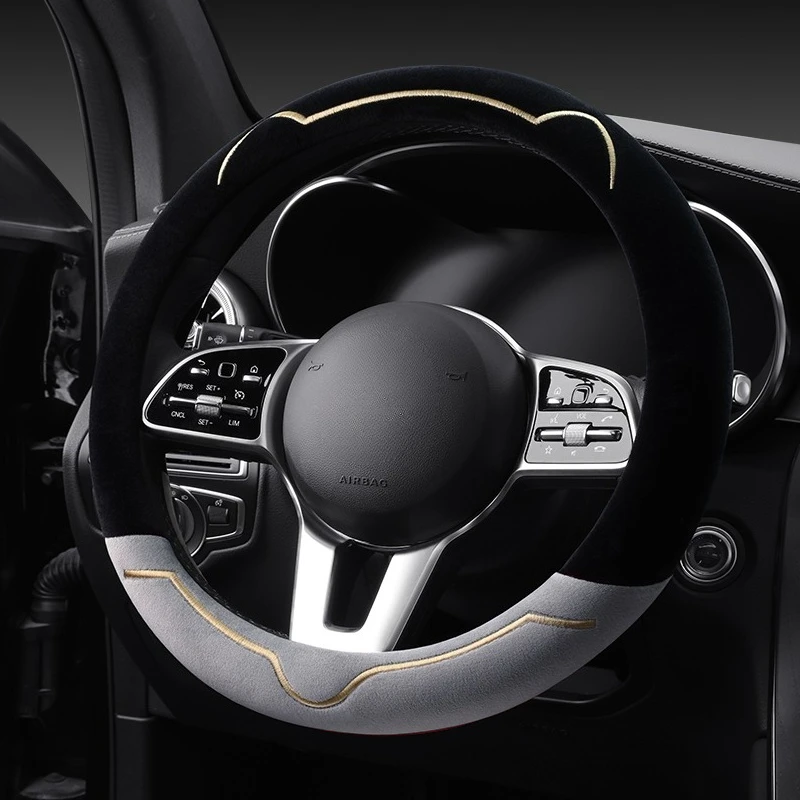 2023 New simple cat ears series plush winter car steering wheel cover warm wear resistant car handle cover
