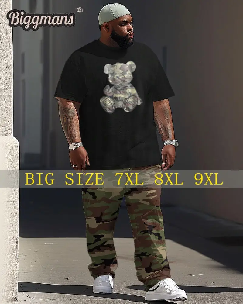 Biggmans Plus Size L-9Xl Two Piece Sets T-Shirt for Men\'s Clothing Leisure Pants Hip Hop Street Bear Camo Print Big Suit