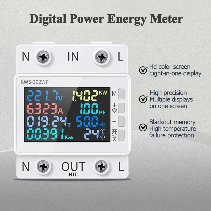 KWS-302 8 In1 Power Meter AC Digital Display Multifunctional Rail Voltage and Current Meter 170-300V/63A Ammeter Voltmeter