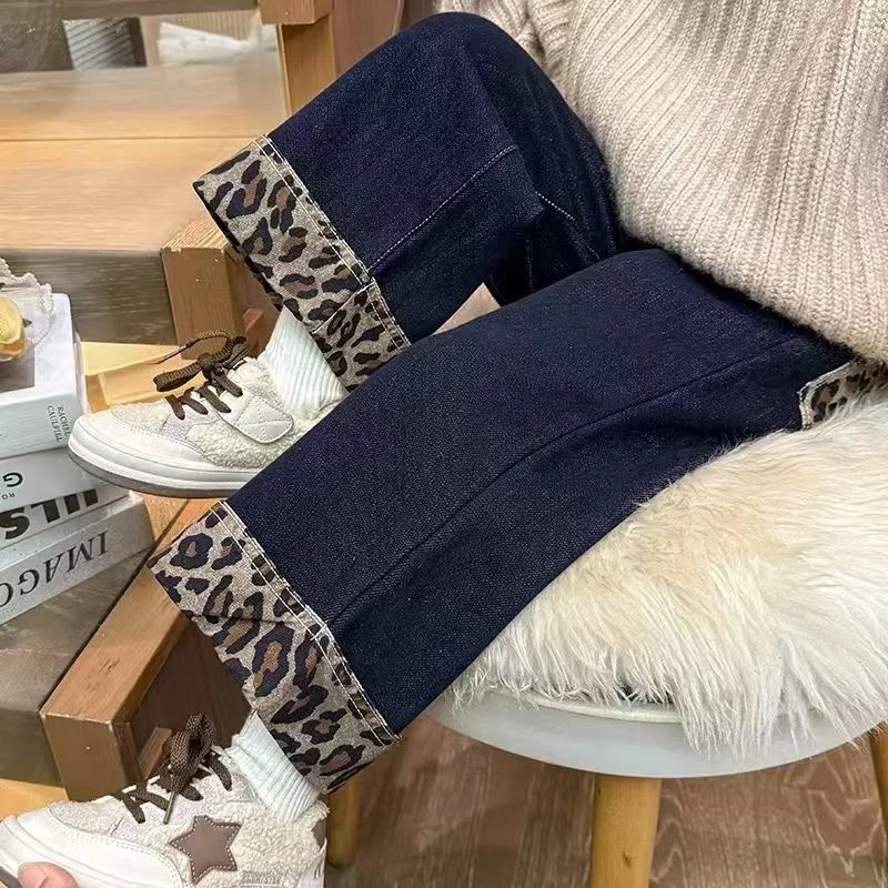 

Girls Leopard Print Jeans Winter New Item Thickened one-piece Fleece Warm Straight Leg Pants For Girls Baby Winter Clothes Pants