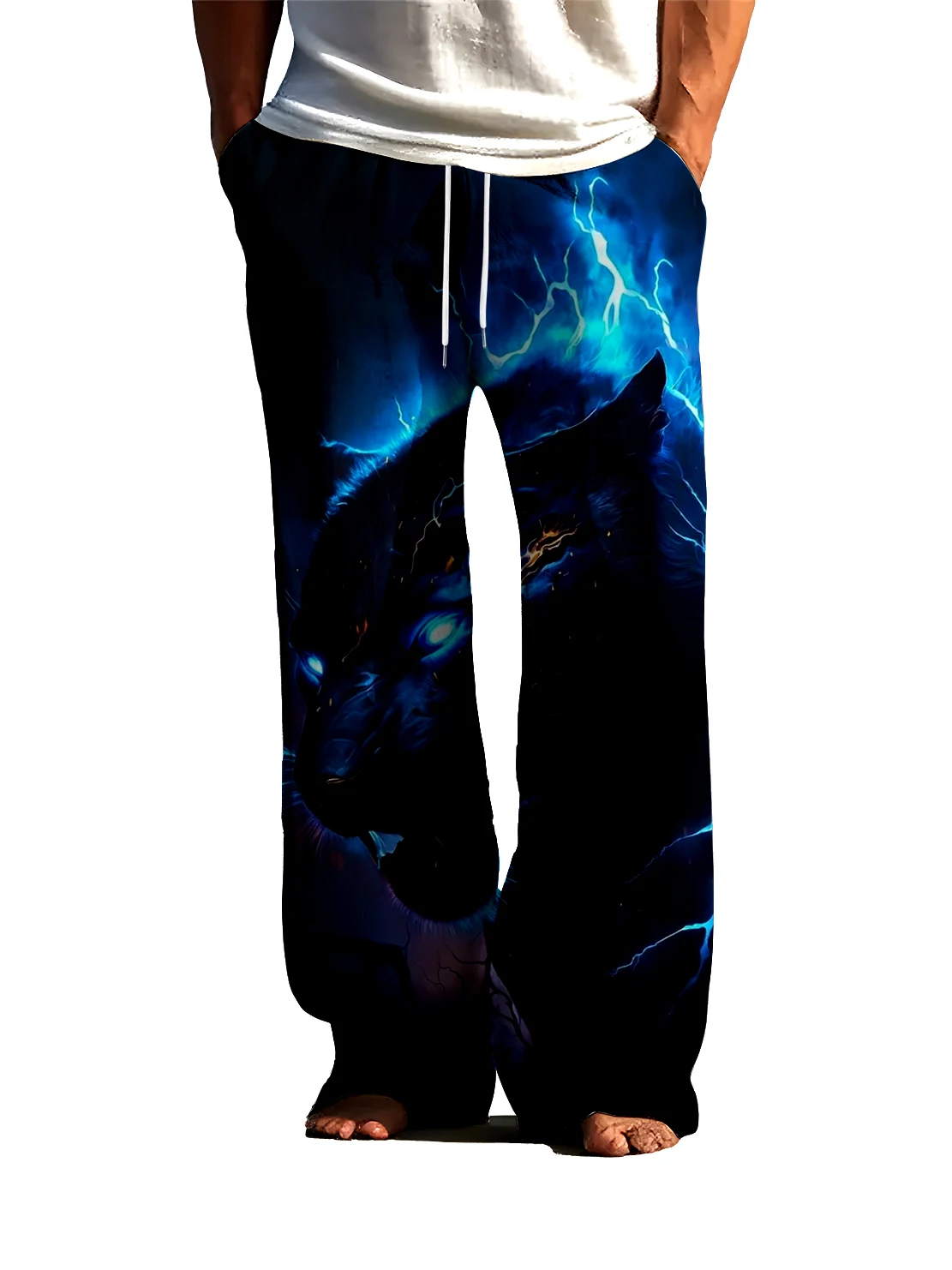 

Men tide street casual pants with 3D digital black panther pattern,men wide leg pants are loosecomfortable, ast drying colorfast