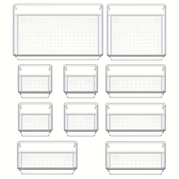 10-Piece Clear Plastic Drawer Organizer Set – Makeup & Kitchen Storage 1
