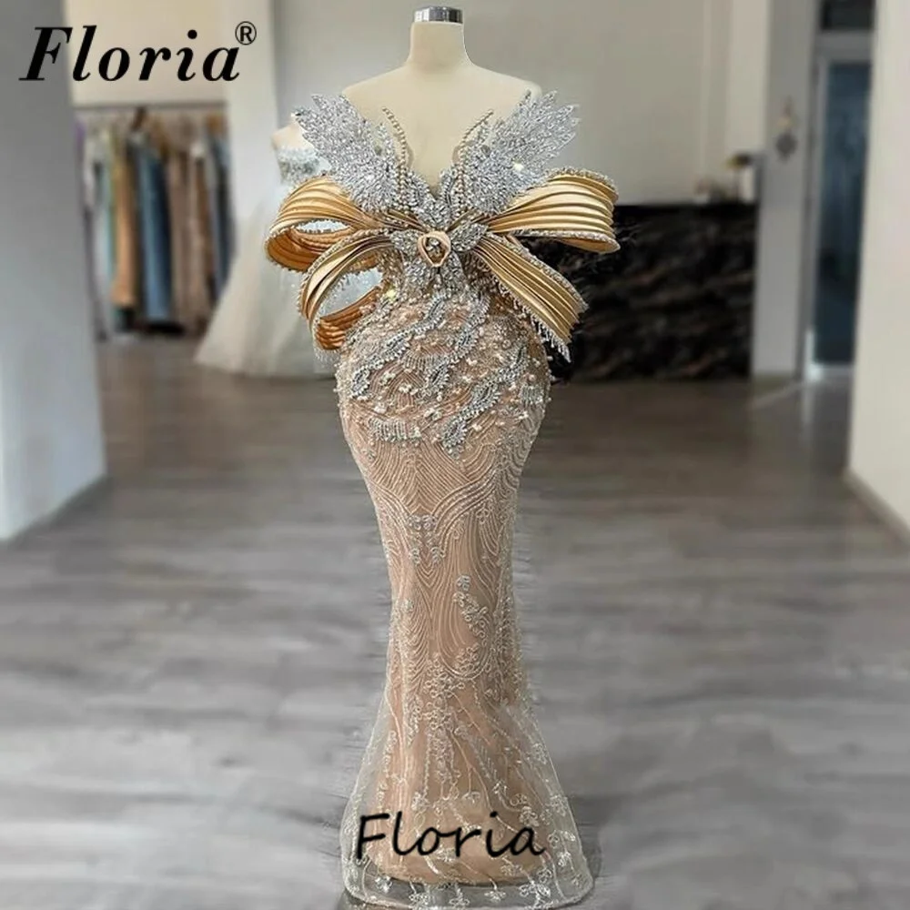 

Arabic Dubai Champagne Prom Dresses Sheer neck Beaded Crystals Evening Dress Vintage Mermaid Wedding Guest Party Gown Customized