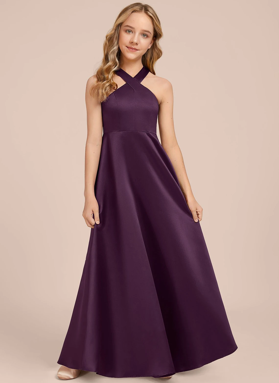 

dress/Girl dresses/A-line Halter Floor-Length Satin Junior Bridesmaid Dress/Customizable