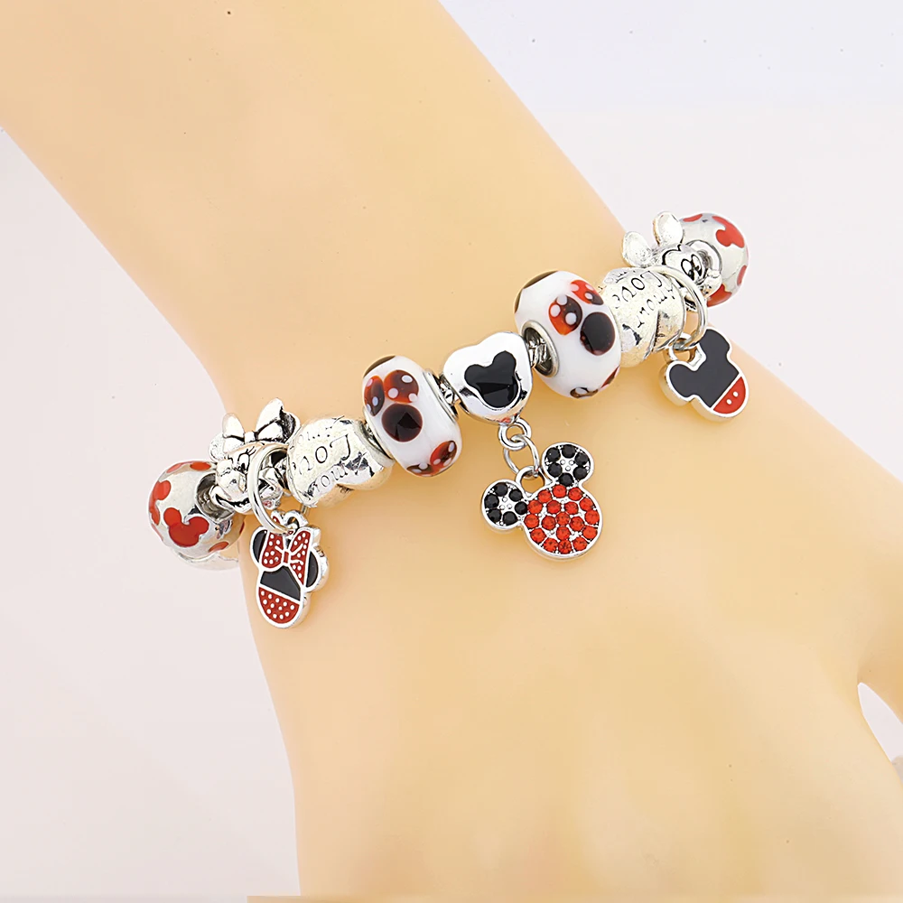 Classic Red Enamel Heart Mickey Minnie Charm Bracelet for Women Girl Boy Gift Silver Color Cartoon Animal Disney Beads Bracelets