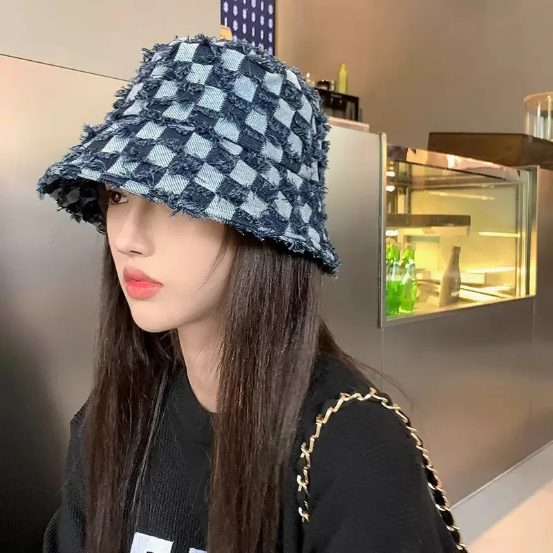 New Korean Style Denim Blue Plaid Bucket Hat For Women Summer Outdoor Luxury Designer Hat SunShade Checked Cap Party Gift