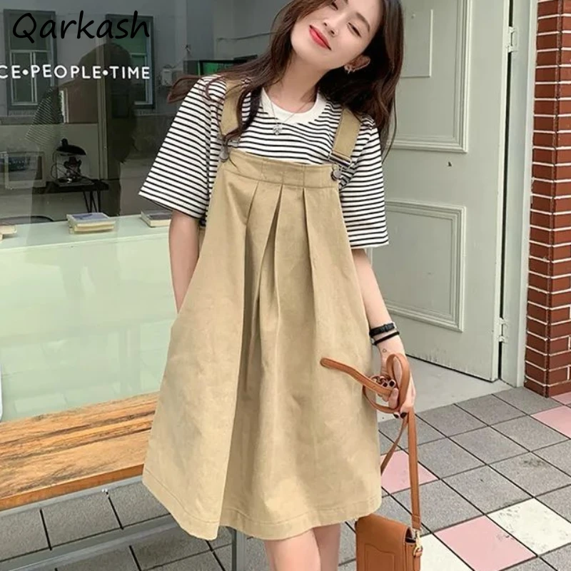 

Платья на подтяжках, женские простые карманы, студенческие летние универсальные модные свободные однотонные платья в корейском стиле для девочек, шикарные, удобные посадки