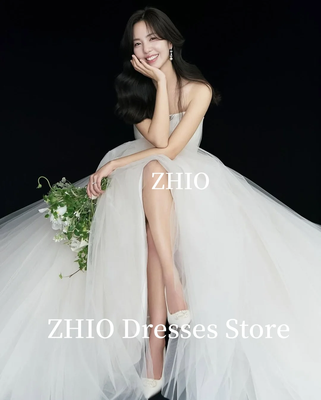 ZHIO فستان زفاف الأميرة على شكل حرف A طول الأرض بدون حمالات تول متعدد الطبقات فستان زفاف كوري لالتقاط الصور مخصص أنيق