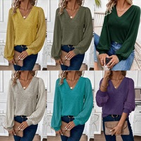 Women's Long Sleeve V-Neck Bubble T-Shirt Fashionable Basic Style Polyester Fabric Pure Color Casual Comfortable Autumn Winte...