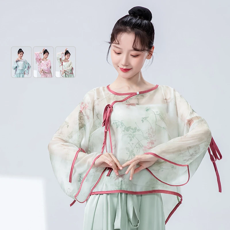 

Chinese Traditional Style Classical Dance Tops Long Sleeve Bands Tied Decor Shirt Flowy Tie-Dye Blouse Stage Performance Costume