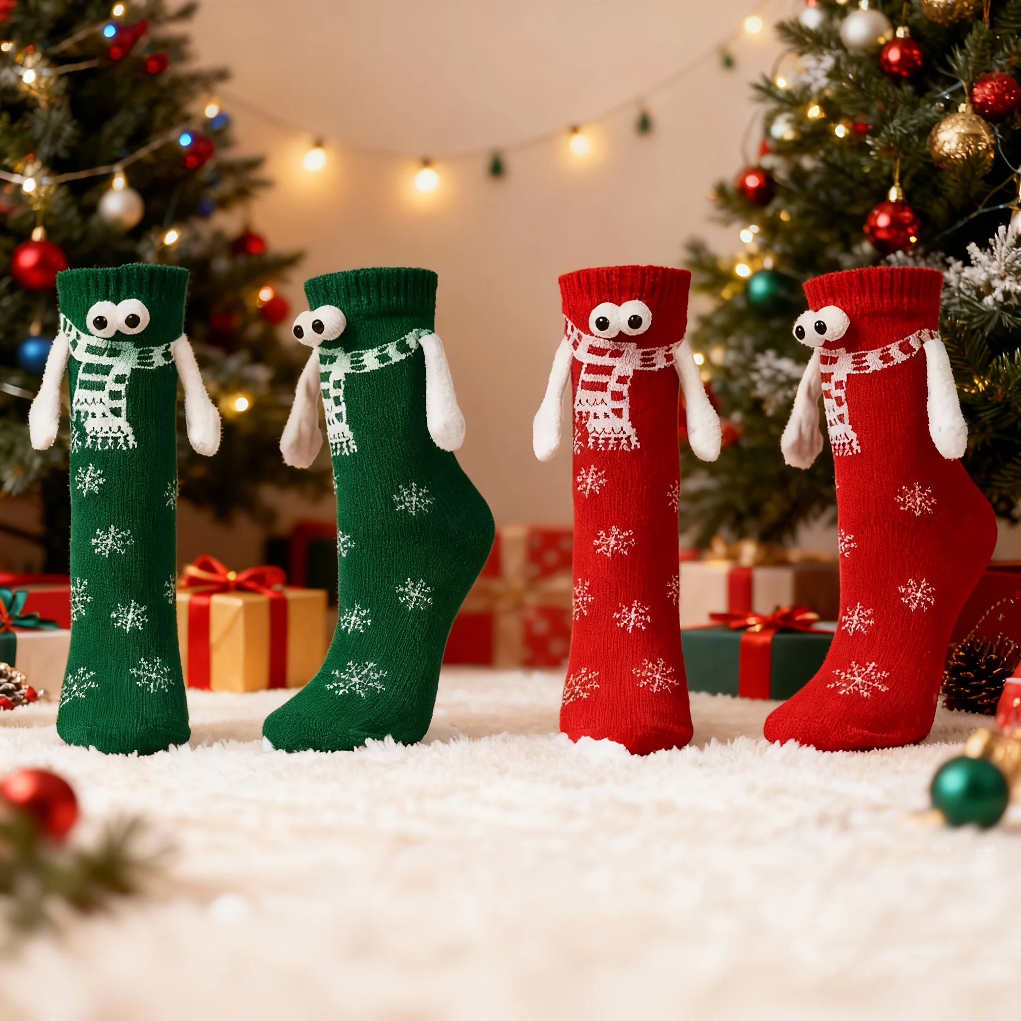1 Pair of Socks Available in Red and Green, Magnetic Couple Socks, Versatile Socks, Non-Slip, Sweat-Absorbent, Odor-Resistant, Comfortable and Skin-Friendly, Mid-Calf Socks, Great Holiday Gift