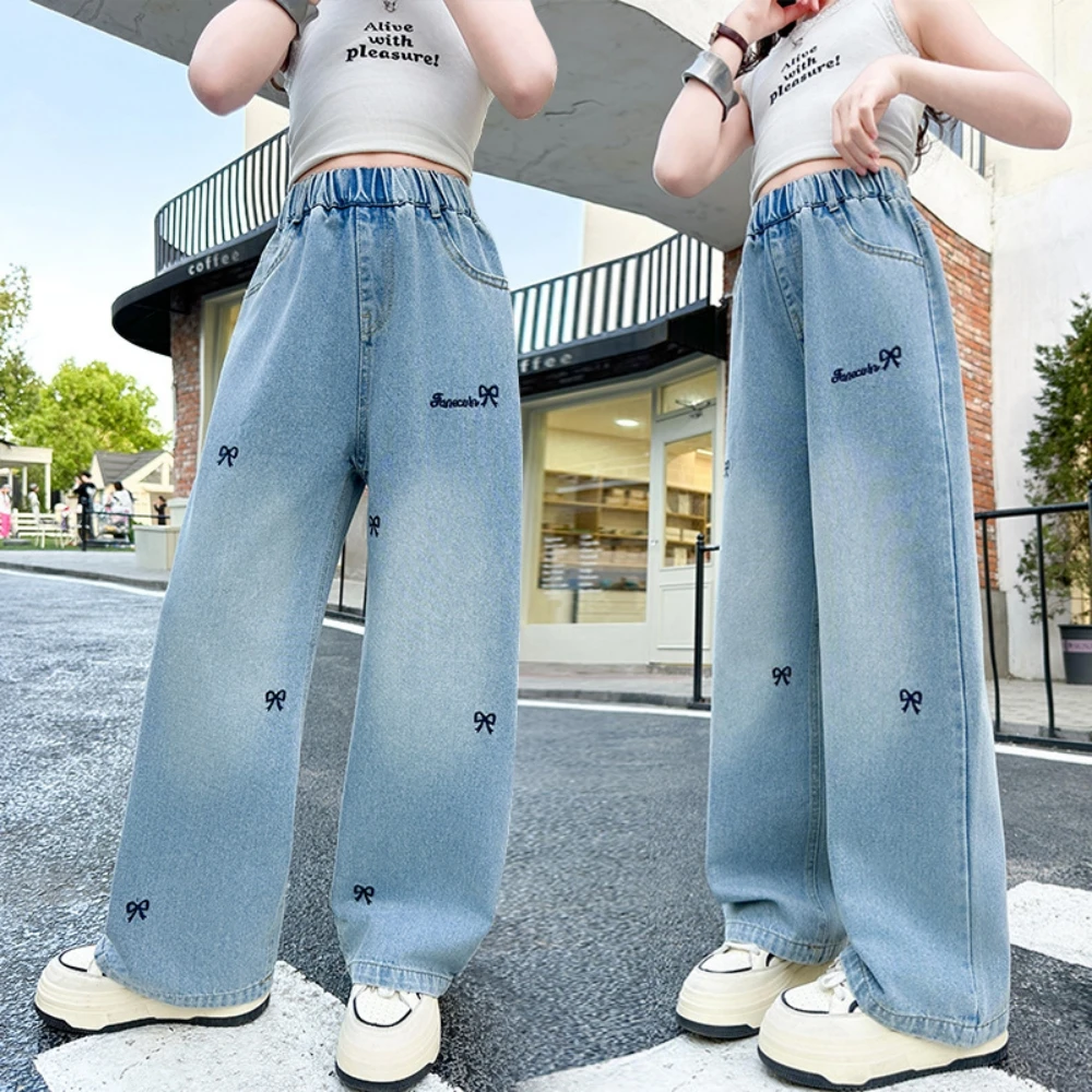 

﻿ Fashion Girls Big Kids Jeans Autumn 2025 New Style Children's Embroidered Butterfly Knot Straight Leg Denim Pants Trousers