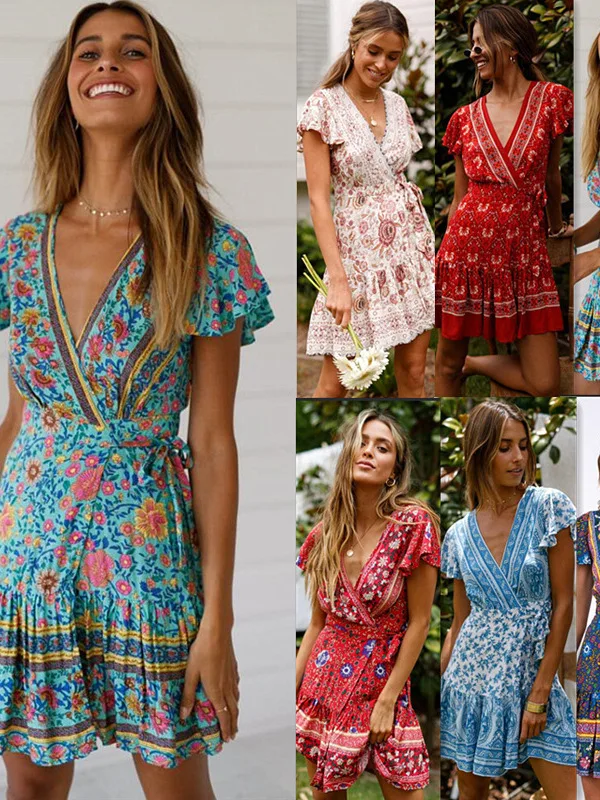 مثير V-ne n طباعة ort Dr Street Sle المرقعة غير المتكافئة منتصف الخصر البوليستر الربيع الصيف النموذج الأساسي