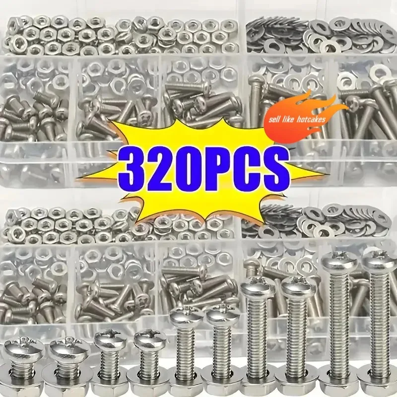Conjunto de Porcas e Parafusos Hexagonais - 320 peças/120 peças, tamanho métrico M2 - M5 durável, kit de ferragens universal para projetos DIY e reparações.