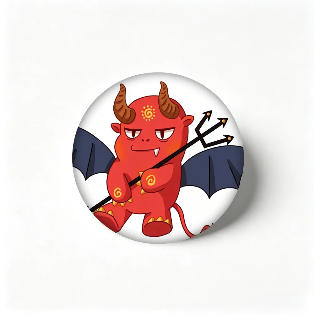 Handmade Creative Brooch Pin 32mm 44mm 58mm Tinplate Badge, Cartoon Red Devil with Trident Lapel Pin, Clothing Gift Accessory