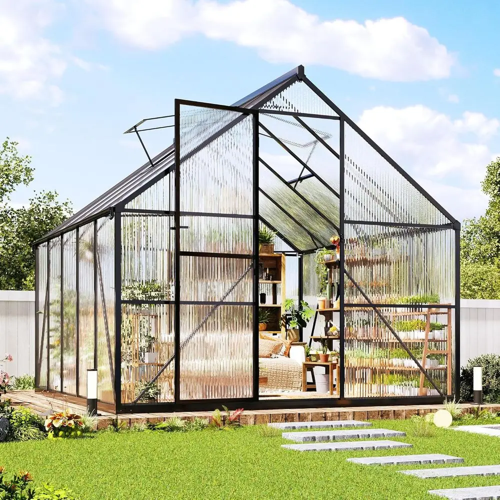 

Sturdy 8x10ft Black Polyethylene Greenhouse with Double Windows and Swing Door for Outdoor Gardening