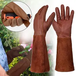 Leather Gardening Mitts Long Tube Gardening Gloves Coffee Pruning Gloves Arm Protection Breathable Gauntlet Thorn Proof Mitts