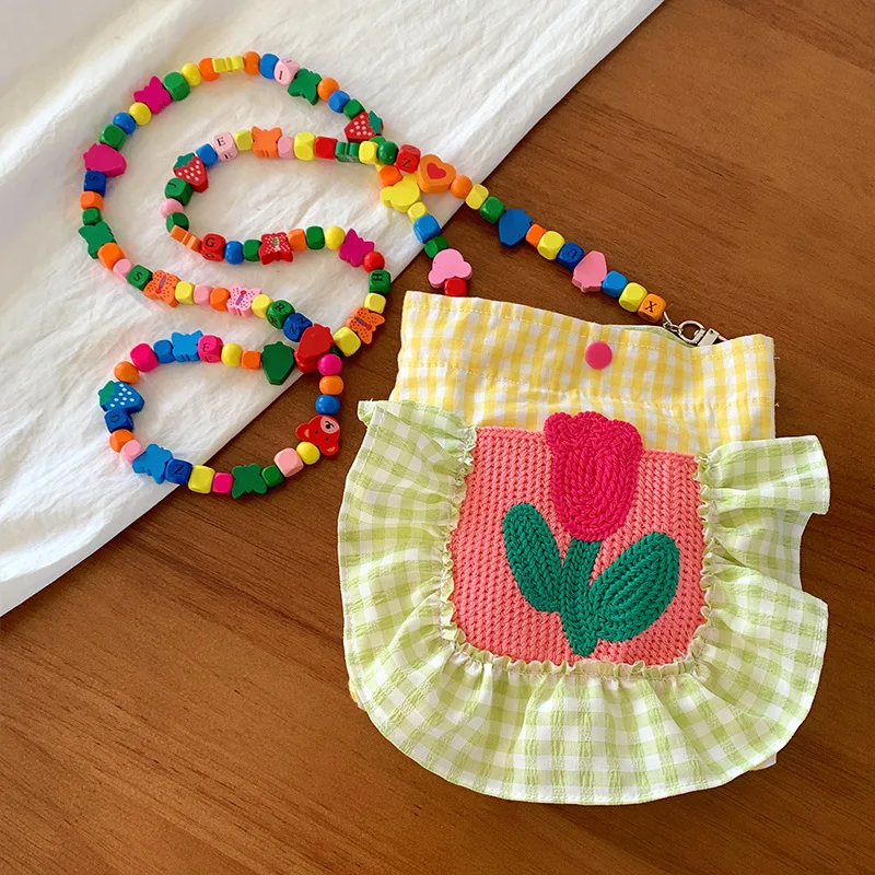 

Casual Color Beads Hand Knitted Bag Flower Plaid Women's Crochet Bag Tulip Handmade Single Shoulder Bag Ladies/Girls