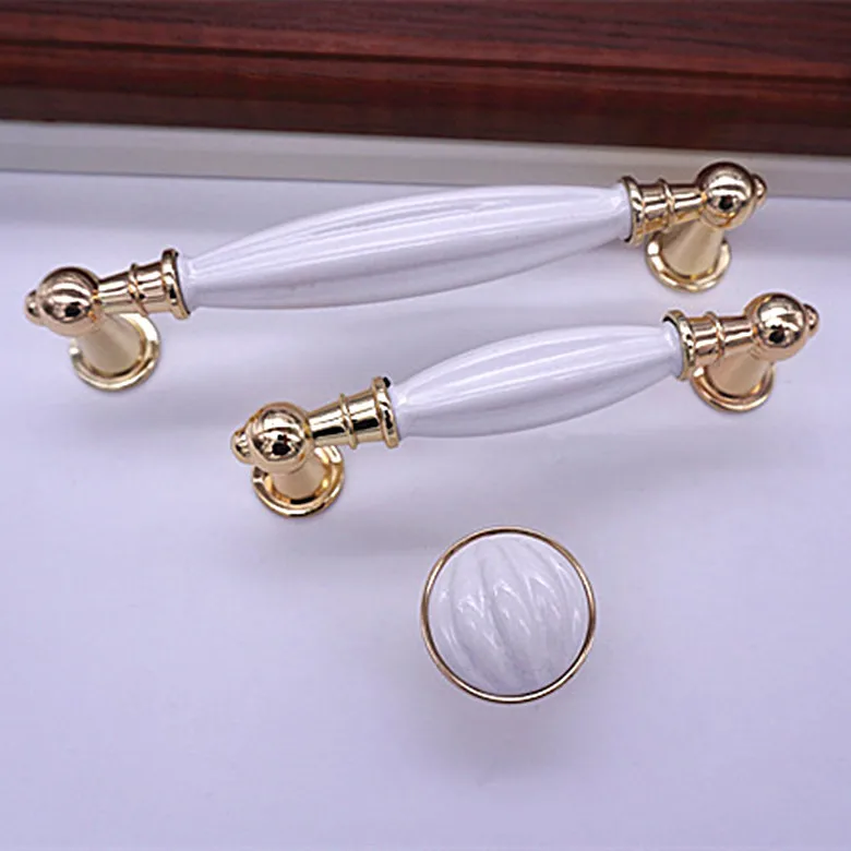 European Rural Gold White Ceramic Handle Kitchen Cupboard Shoe Cabinet Door Knobs Drawer Pulls  Furniture Handles Hardware