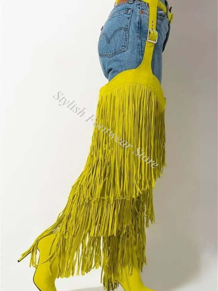 Sexy Fringe Waist Belted Multi Snake Print Over Knee Boots High Heels Pointed Toe Long Tassel Thigh Botas Shoes Woman