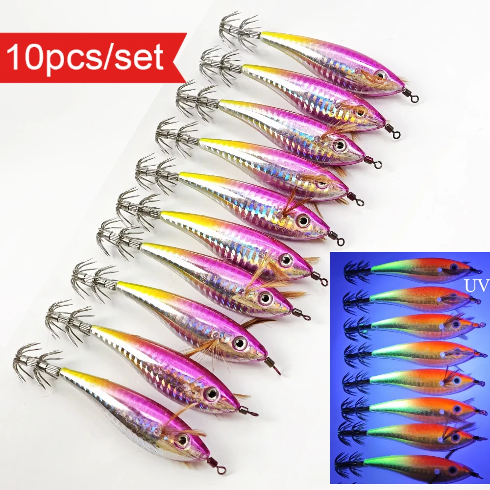 10pcs UV Squid Jig Egi Set Prawn Lure Luminous Glow Wood Shrimp Bait Shrimp Lure for Octopus Cuttlefish Fishing