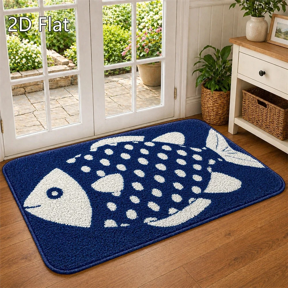 Nautical Fish‑Pattern Entry Mat Simple White Spotted Marine Creature Floor Rug Coastal Decor Carpet for Front Door and Entrance