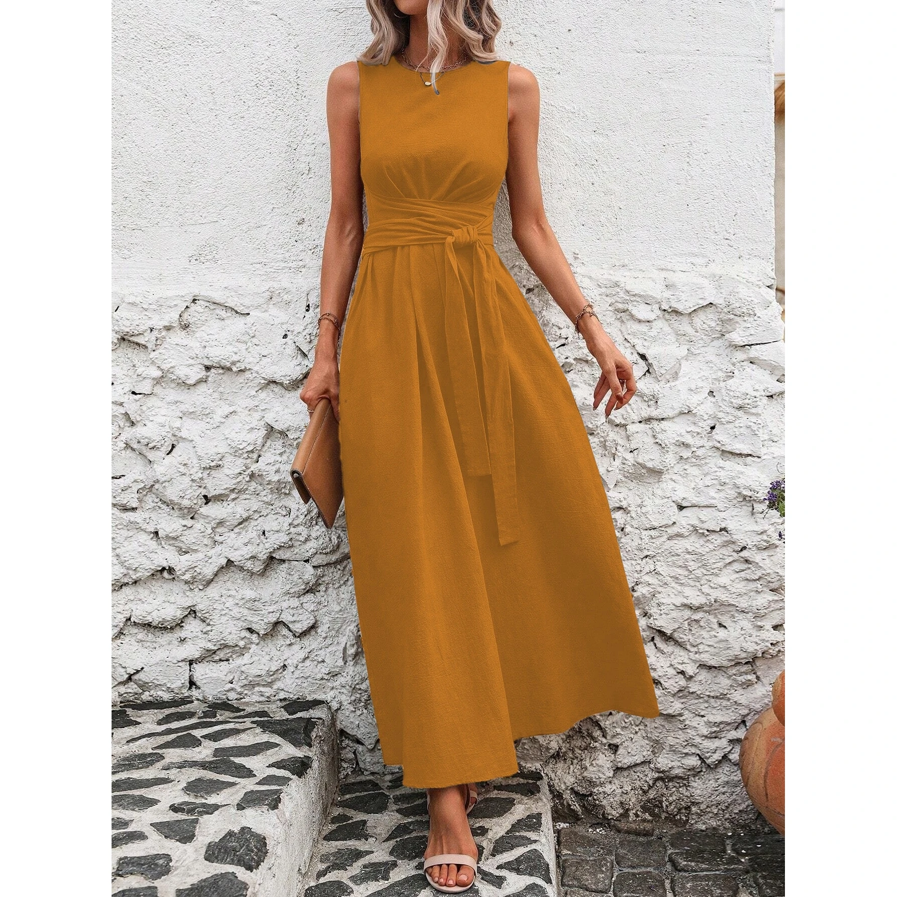 ชุดเดรสผ้าไอซ์ซิลค์แบบเรียบหรู - Linen Dress Wrap บทวิจารณ์และราคา