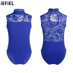 Kids Girls Lace Patchwork Dance Leotard Sleeveless Turtle Neck Backless Ballet Gymnastics Jumpsuit