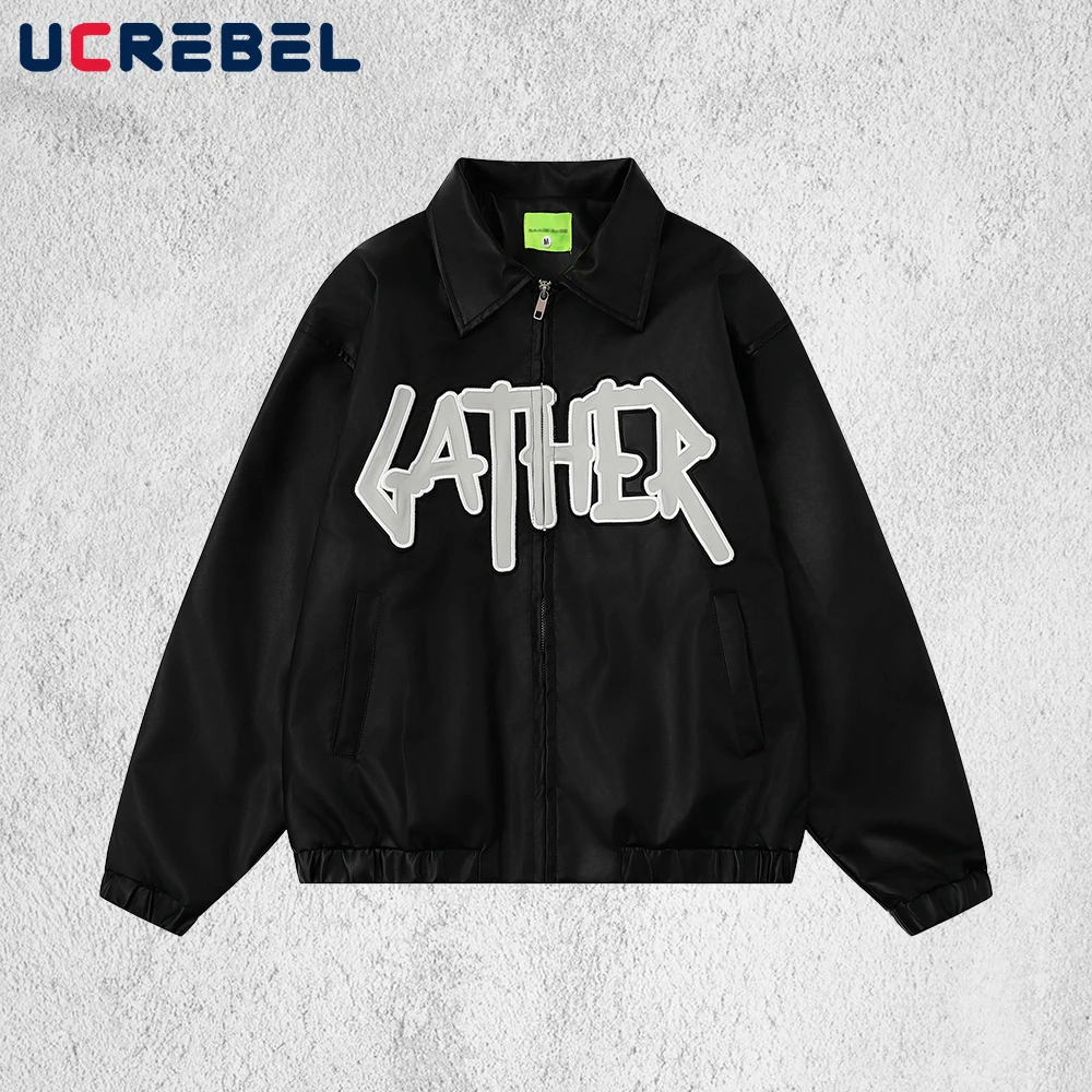 

Patch Letter Embroidery Motorcycle Jacket Mens Retro High Street Autumn Winter Lapel Loose Long Sleeve PU Leather Jacket Man