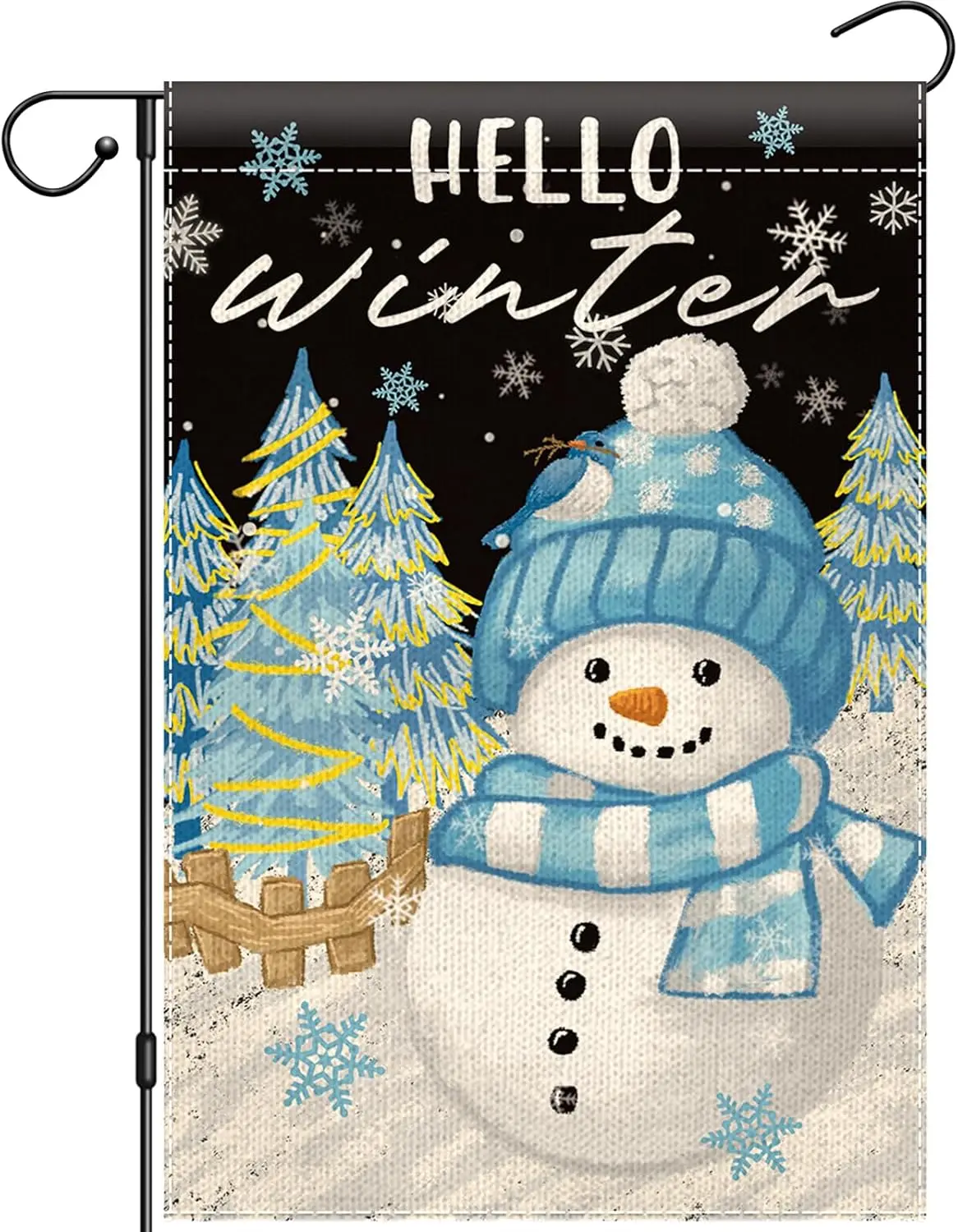 Hello Winter Snowman Garden Flag 12x18 Double Sided, Small Burlap Yard Flag for Outdoor Decor, Mini Seasonal Banner for Holi JHH