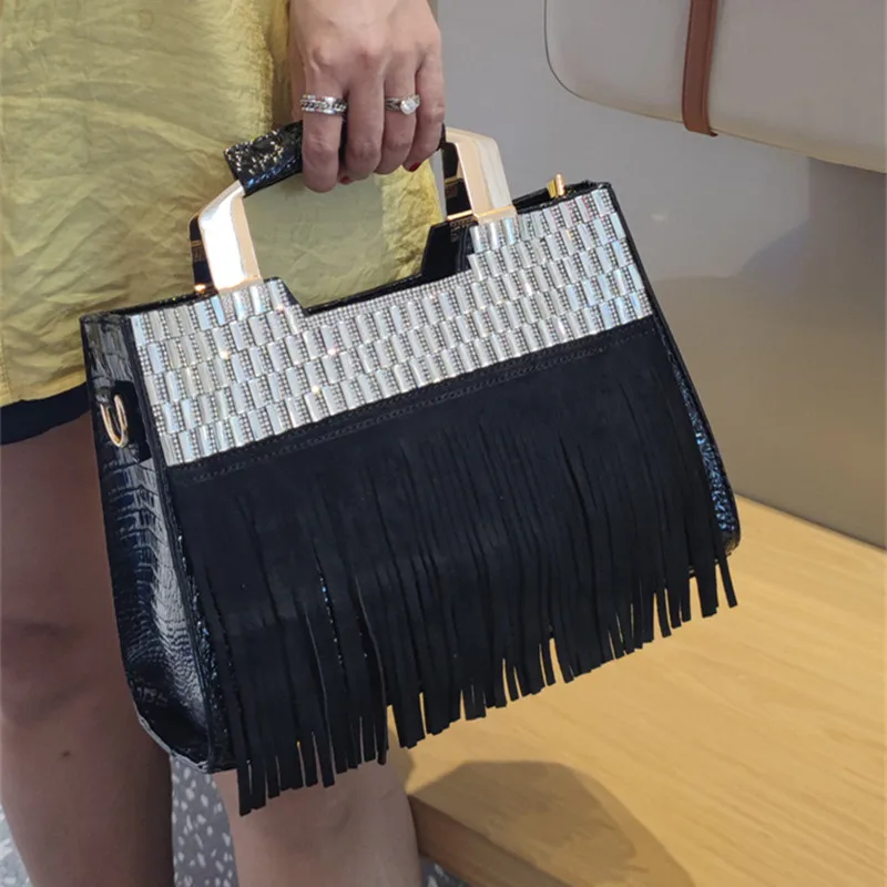 

Genuine Leather Portable Women Bag 2023 Luxury Fashion Diamonds Lady Handbags Cowhide Tassel Rhinestone Shoulder Crossbody Bags