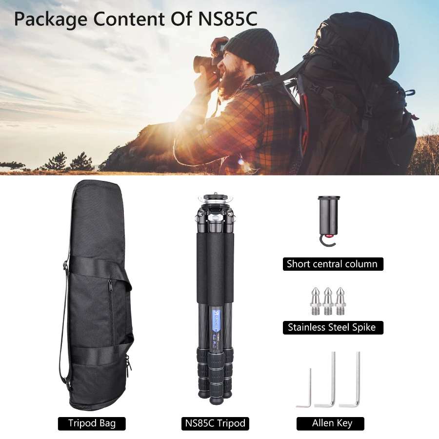 ARTCISE NS85C Kohlefaser-Kamera-Kompaktstativ, Outdoor-Reisestativ für den Außenbereich, für Sony/Nikon/Canon DSLR-Kamera, Belastung 20 kg – Detail 10