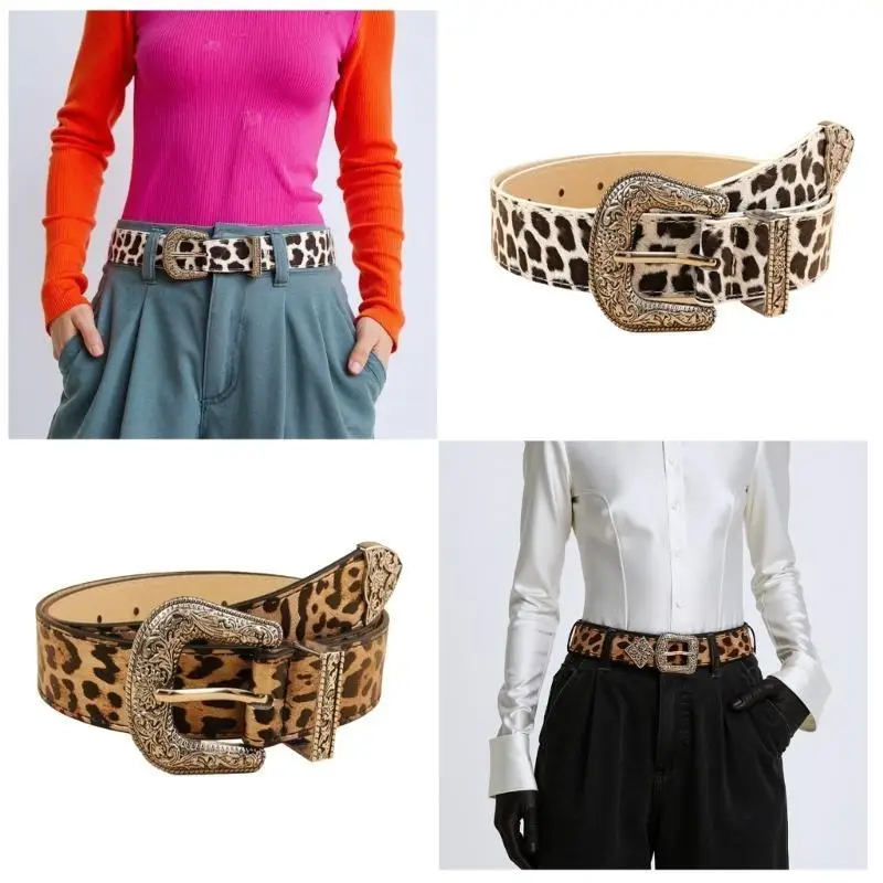 Unique Waist Chain Carved Buckle Leopard Print Chain Cowgirl Belt for Women Proms Club Party for Jeans Dresses