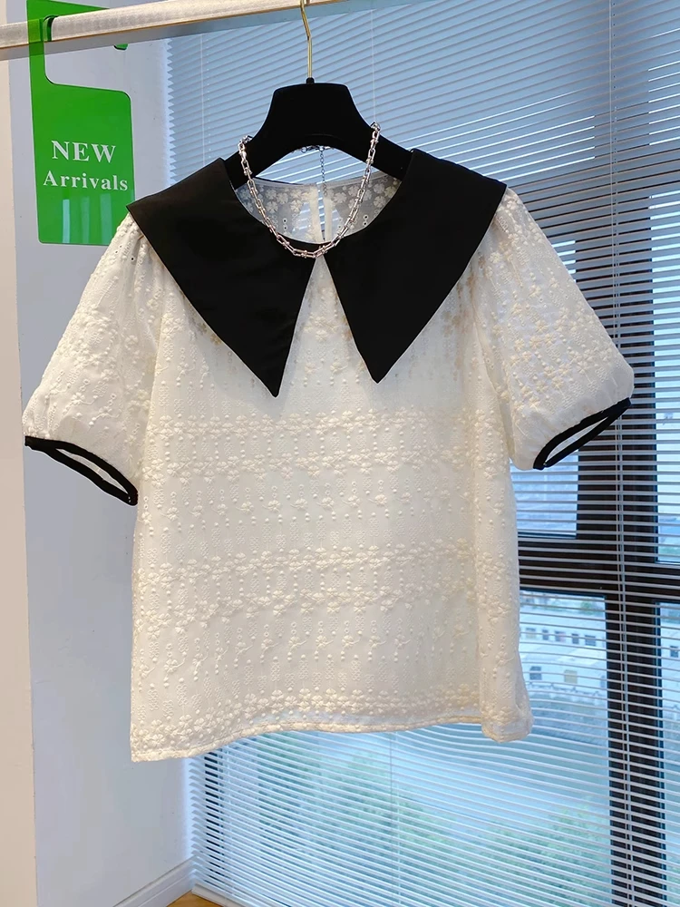 

Extra Large 300 Pou Lace Splicing Embroidery irt Women Summer Sweet Doll Collar ort Sve Chiffon Blouse Korean Sle...