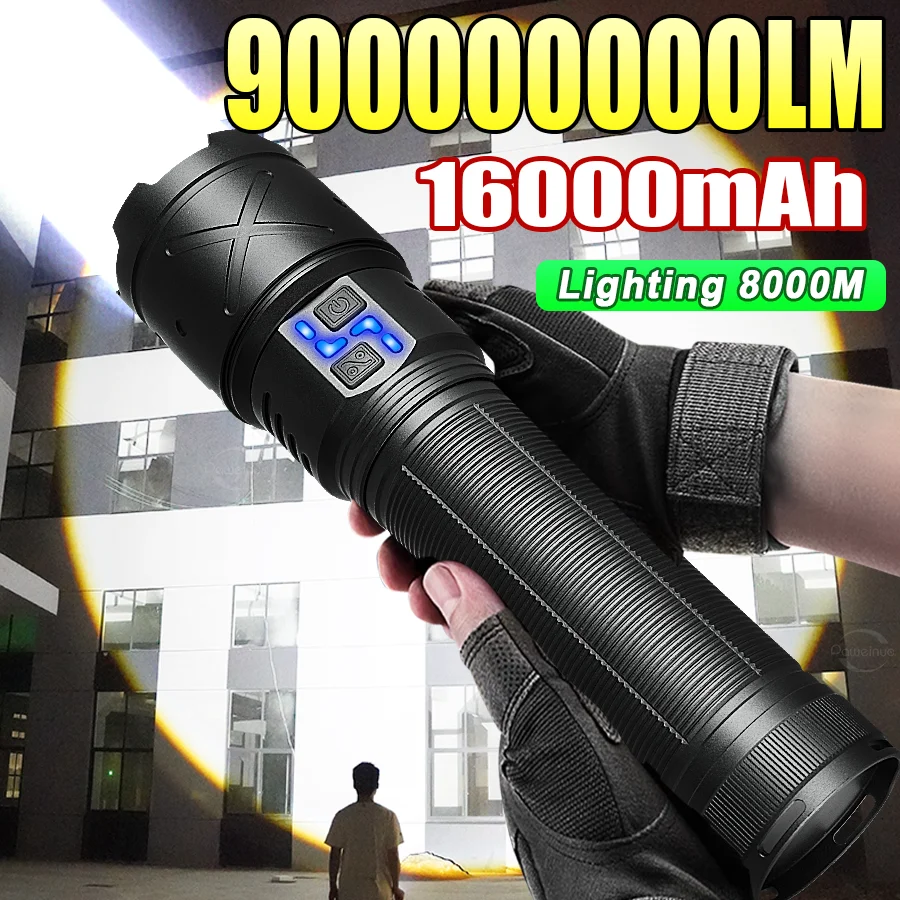 2025 900000000LM 16000mAh Super Big Flashlight USB Rechargeable 8000M Ultra Bright LED FlashLight Work Lamp Zoom Camping Lantern