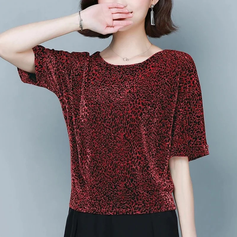 Fashion Summer Women T-shirt O-neck Elegant Shine Glitter Tops Short Sleeve Casual Blouses