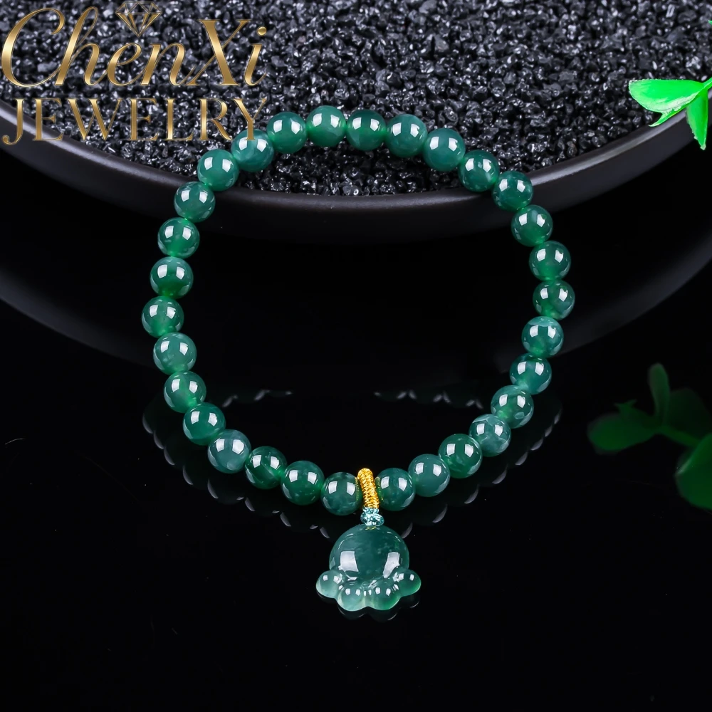 Natural Genuine Jadeite Bracelet In Lake Green Tone Smooth Round Beads With 3D Cat Paw Sculpture Fine Jade Keepsake Charms Gift