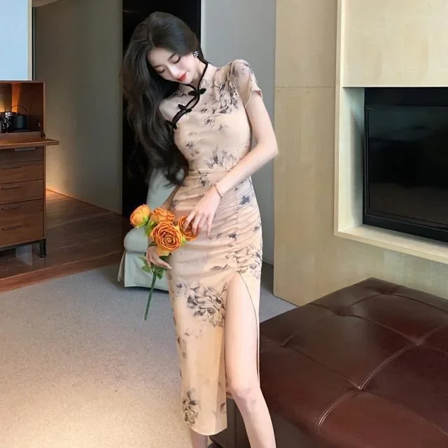 Vintage Chinese Style Printed Young Women's Dress Sexy Side Slits Slimming Effective Body Shaping Spring Summer New Arrival