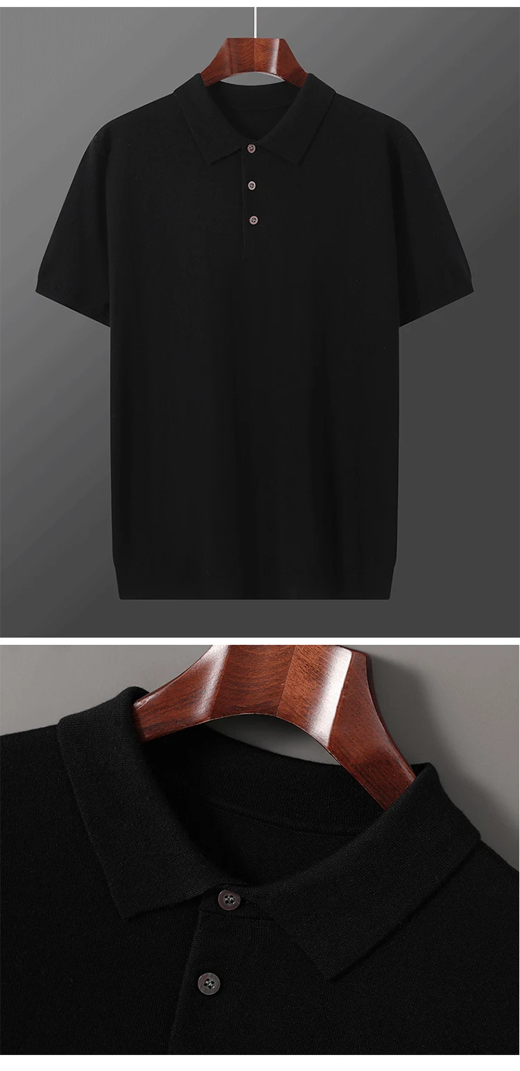 Herren T-Shirt Sommer Wollpullover Kurzarm Lässiger Einfarbiger Herrenpullover POLO-Kragen Gestrickte Oberteile Lockere Bluse – Detail 10