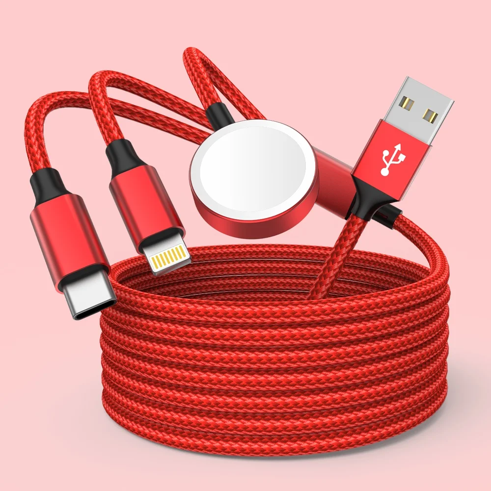 

Зарядное устройство для часов Jogrytece 3-в-1 с красной нейлоновой оплеткой USB-A для телефонов iWatch, iPhone и Android.